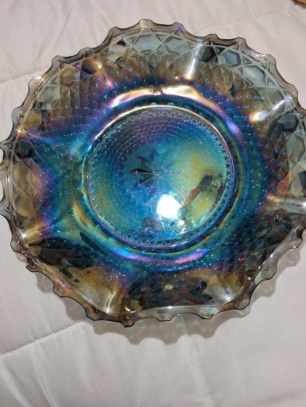 Blue Iridescent Diamond Cut Carnival Glass  10" Bowl  Plate- Dish Vintage